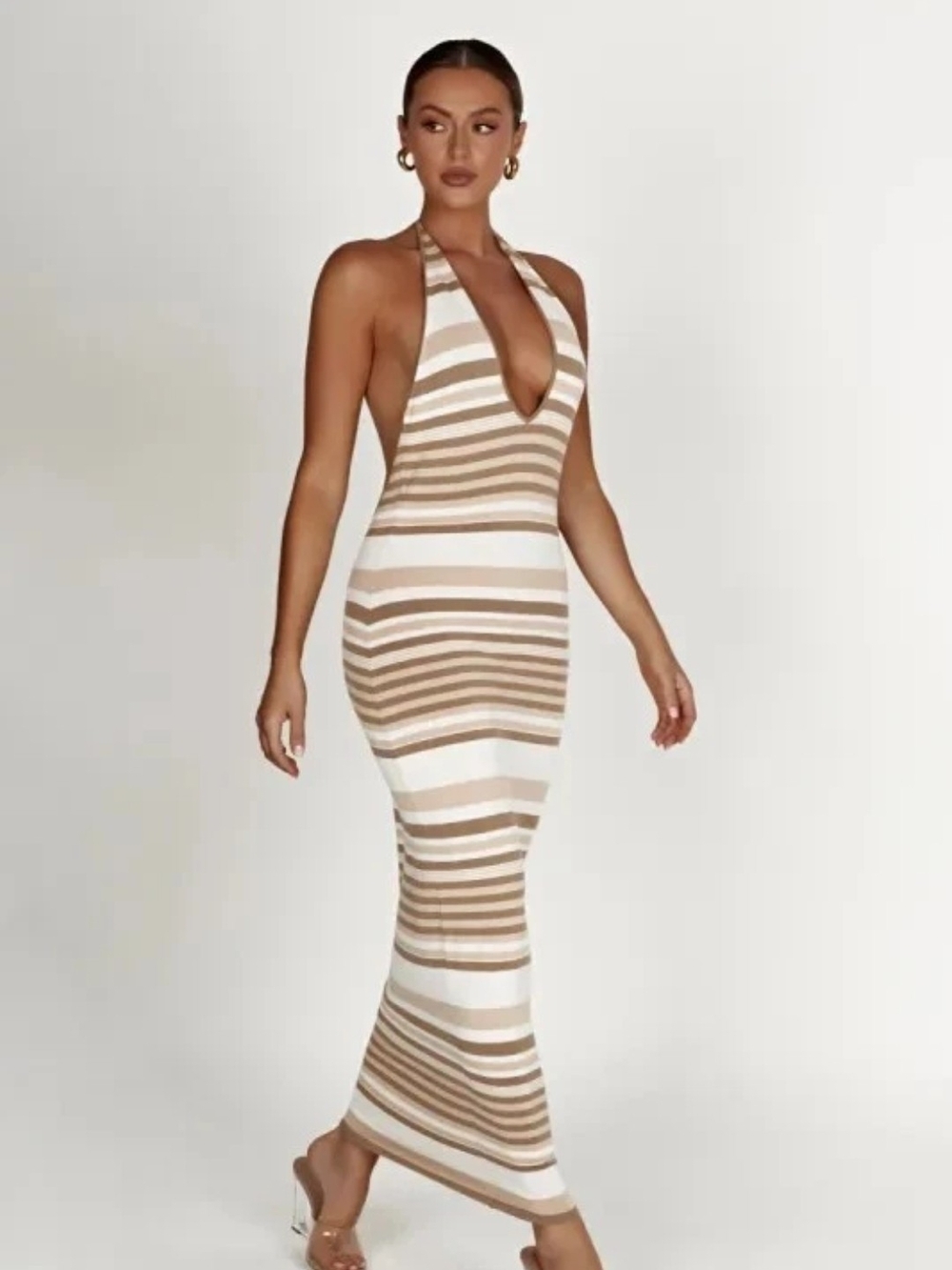 NWT Meshki Brienne Stripe Maxi Dress Halter Tan Stripe Stretch Knit